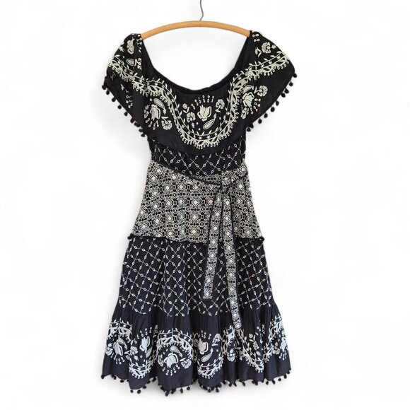 Anthropologie Marisol Size 6 Boho Black & White Embroidered Off-Shoulder Dress - Picture 3 of 11